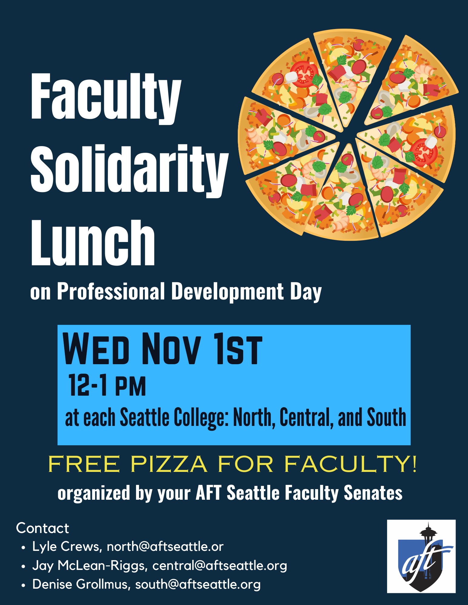 A pizza party for grown-ups! Join faculty colleagues at each of the three Seattle Colleges-- North, Central, and South-- during the lunch hour on Professional Development Day. 